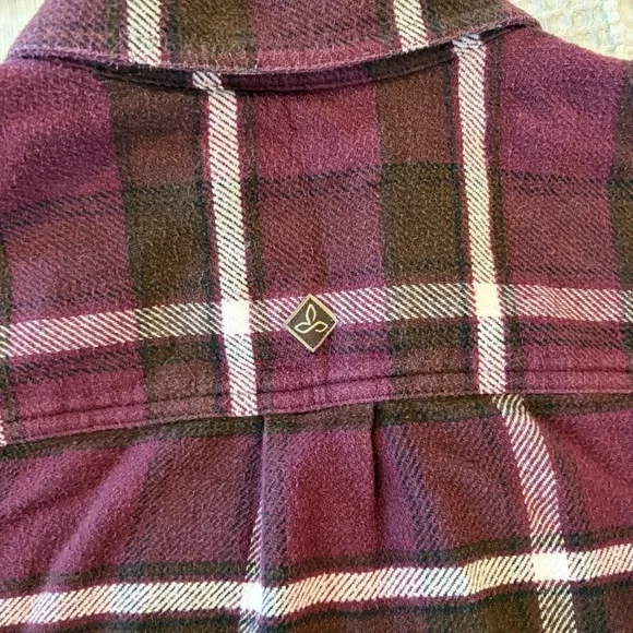 PrAna Channing Men’s Flannel Shirt Purple Brown Plaid Organic Cotton Medium - Picture 7 of 8